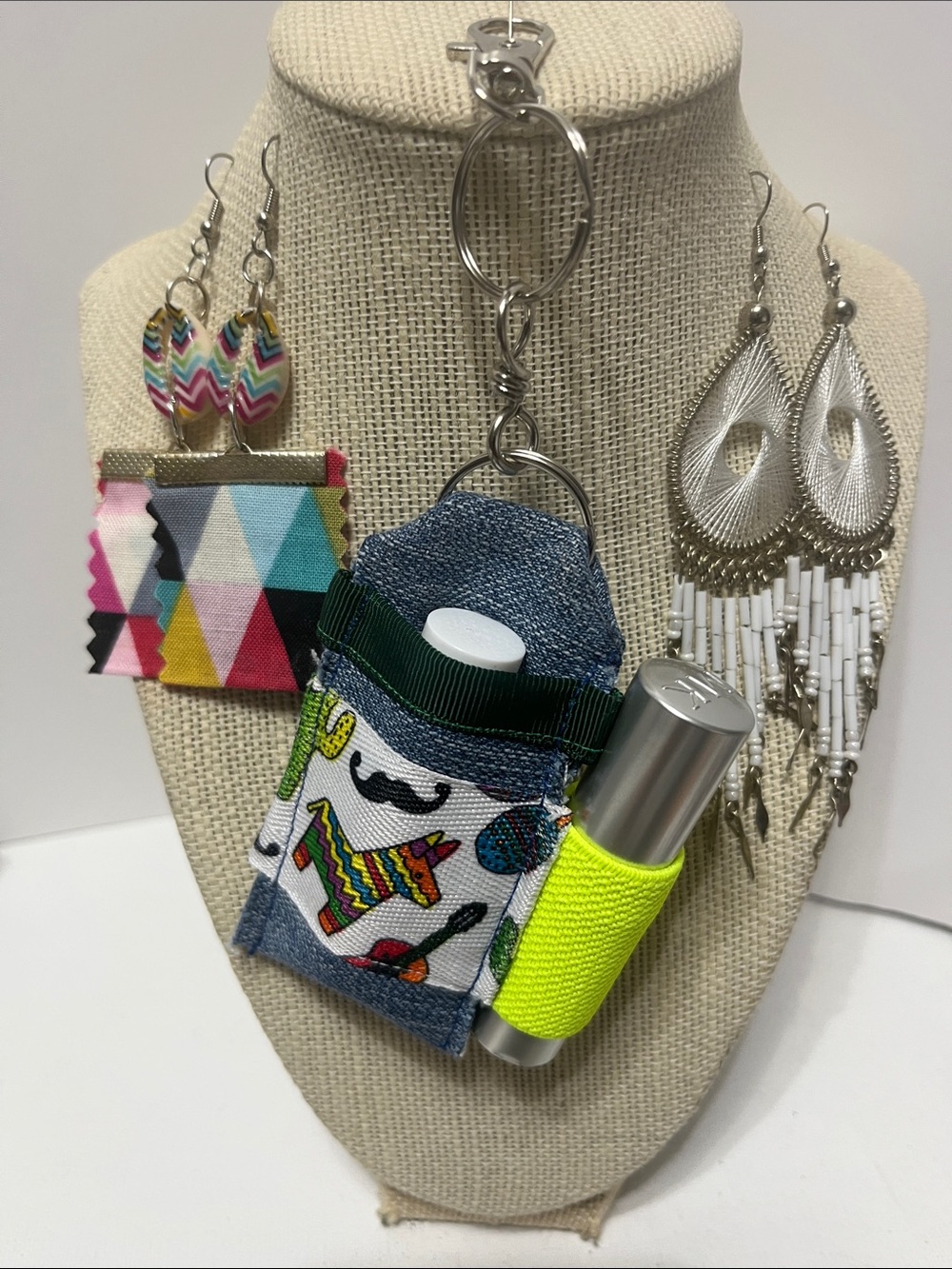 Gift Set Double Lip Balm Holder Keychain Purse Charm 2 pr Earrings Piñatas Print